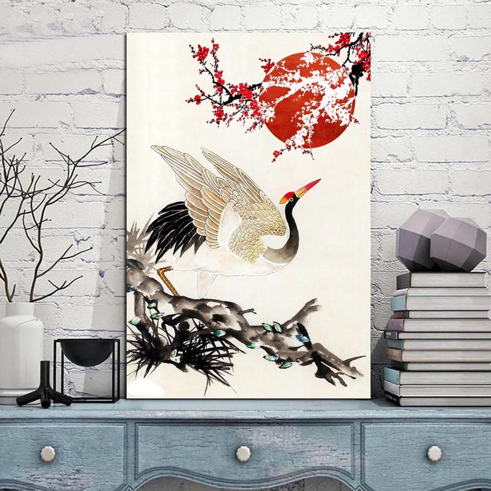 Wall Art Canvas Print and Poster  Painting Modern Pictures Japan Red-crowned Crane with Red Sun and Plum Bossom