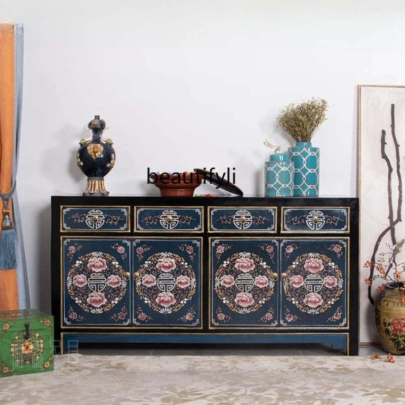 Antique‑Style Chinese Painted Cabinet – Solid Wood Foyer & Living Room Partition (160 × 43 × 85 cm)
