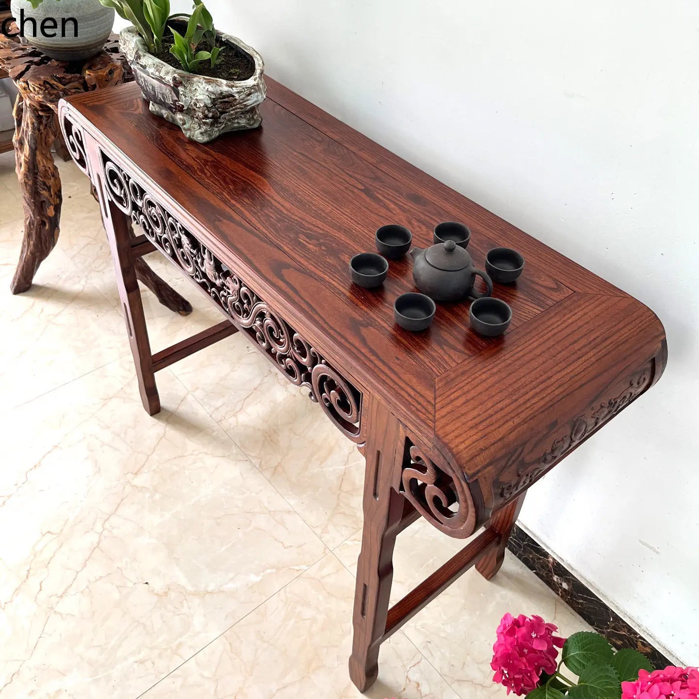 Chinoiserie Solid Wood Guqin Table – Scroll-Head Altar & Console Table
