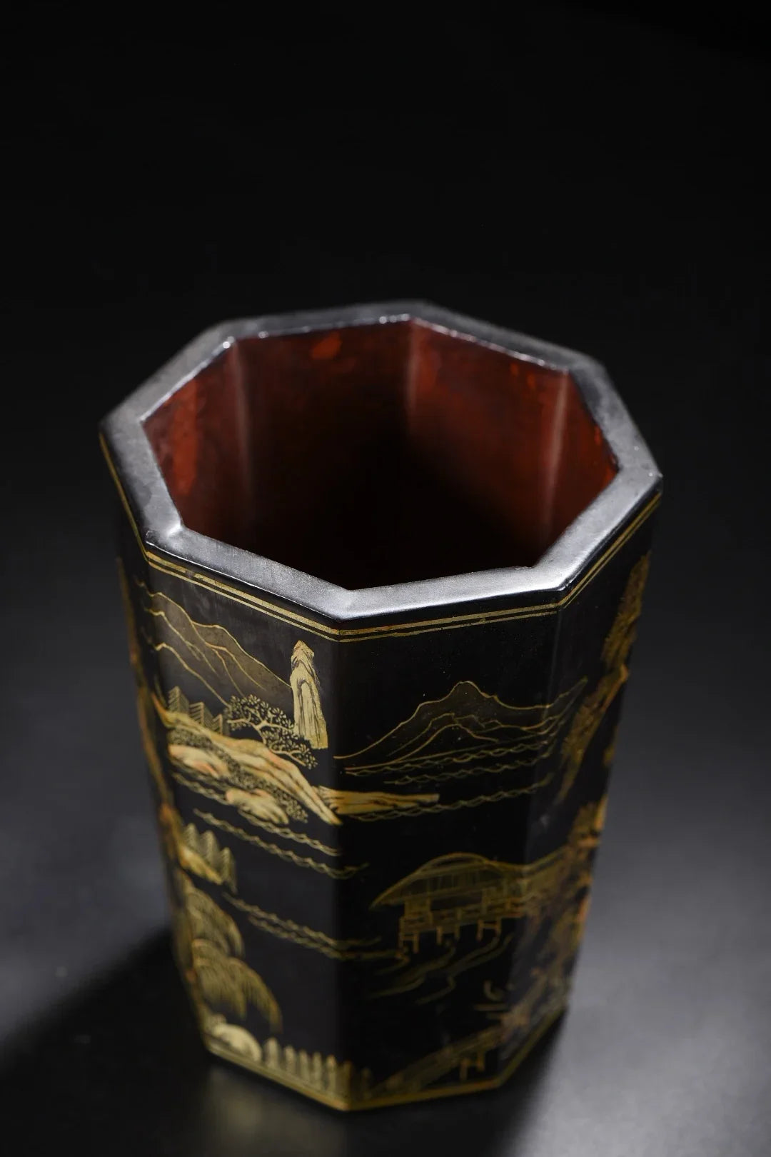 Nepalese Folk Lacquerware Pen Holder – Gold-Outlined Landscape Brush Pot (6")
