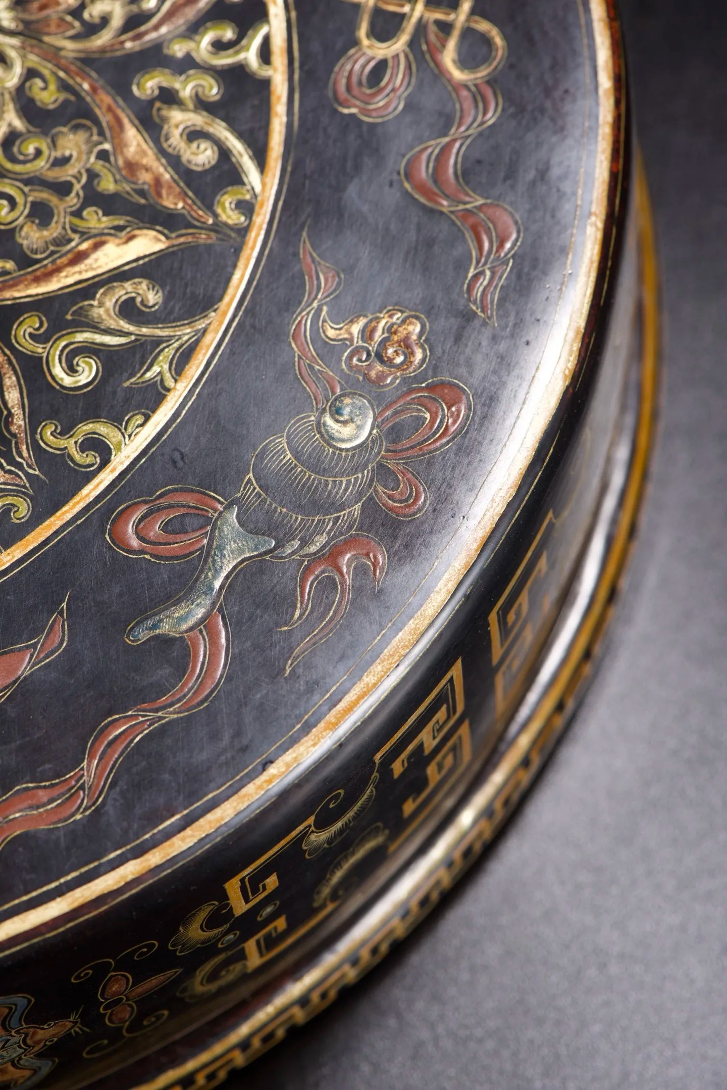Old Wood Lacquerware Storage Box – Gold Floral & Bat Pattern (Study Wealth Ornament)