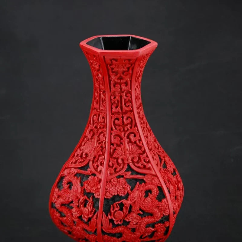 Red Lacquerware Dragon Vase – 10" Chinese Auspicious Decor