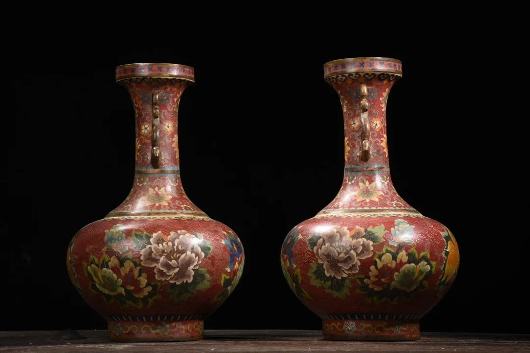 Tibetan Temple Purple-Bronze Cloisonné Vases – Dragon-Ear Flower Pair (14")