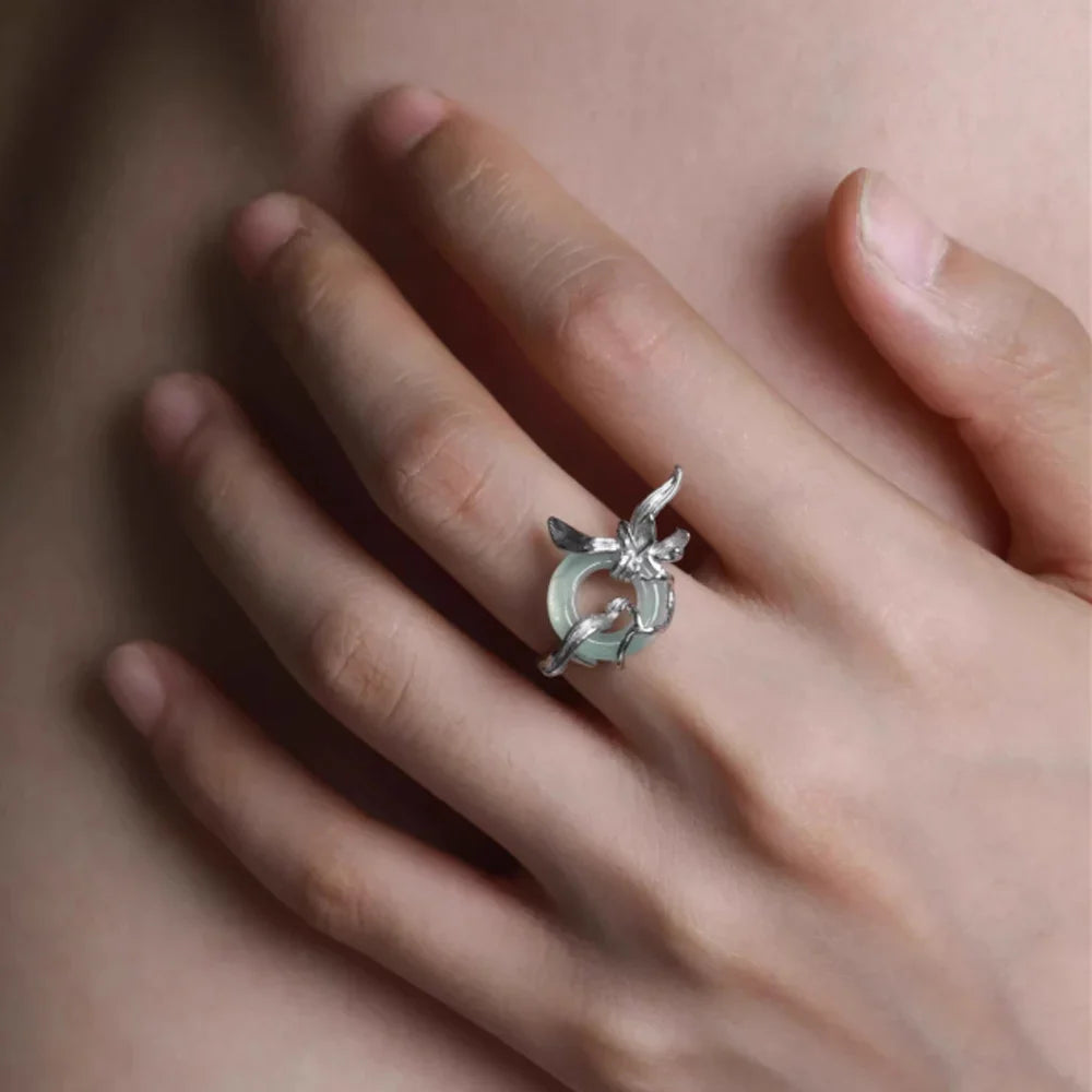 Sterling Silver Orchid Round Jade Adjustable Ring
