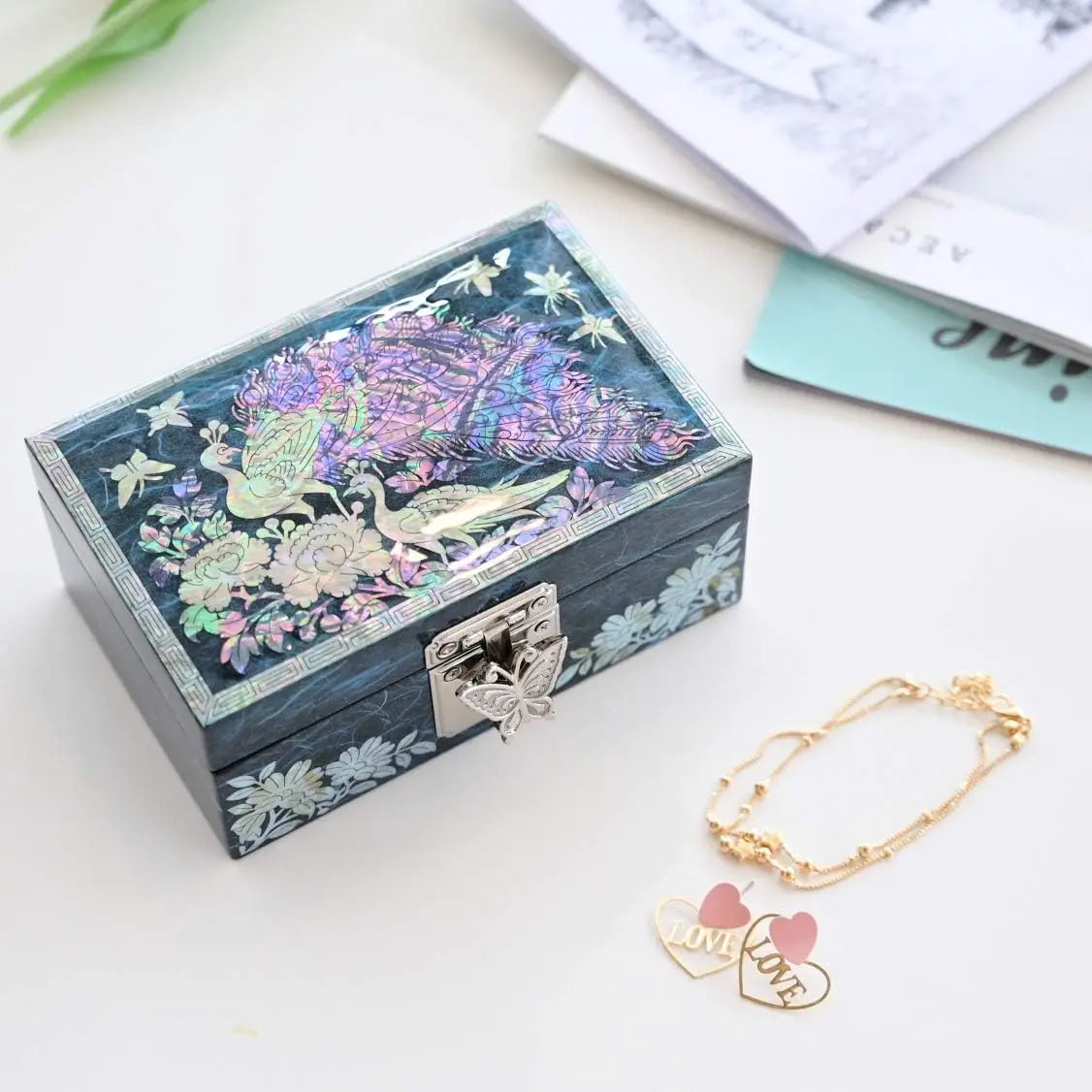 Mother of Pearl Jewelry Box with Peacock Design for Rings, Earrings, and Bracelets