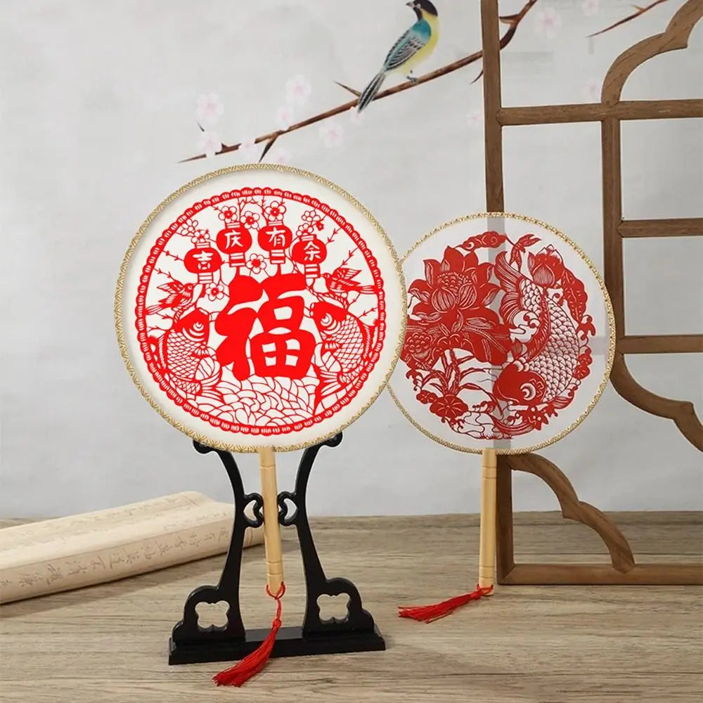 Chinese Paper-Cut Bamboo Silk Hand Fan with Tassel