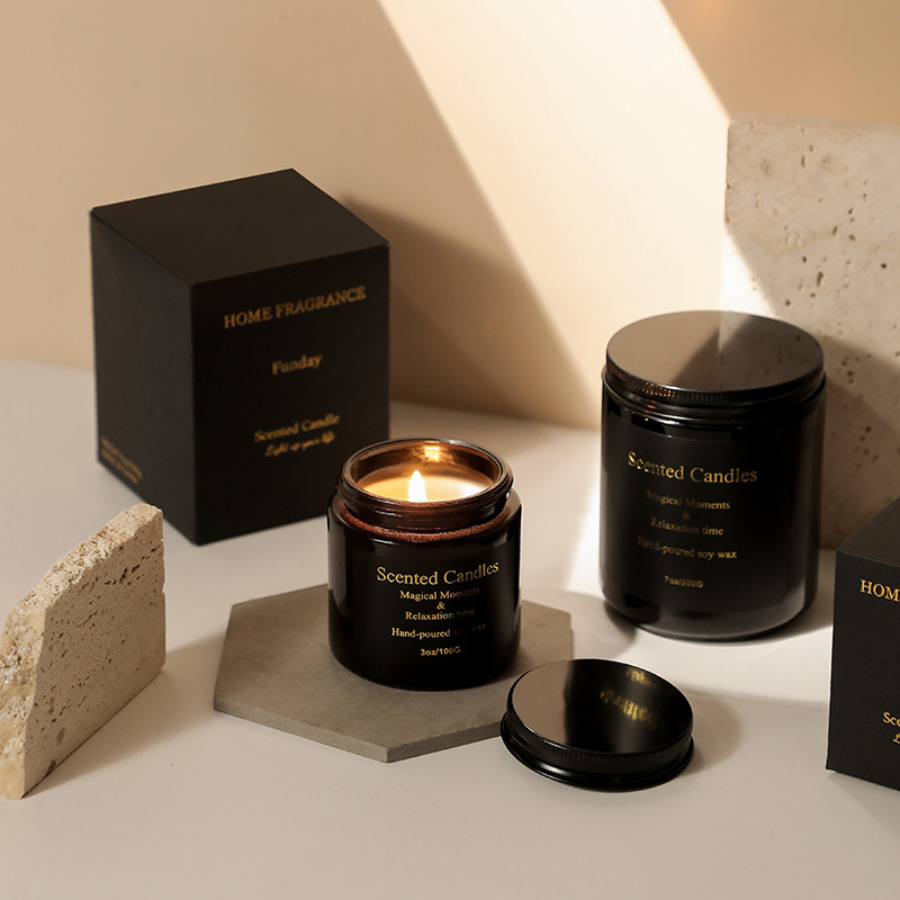 Glossy Black Glass Cups with Gold Foil Packaging Soy Wax Scented Candle, Eco-Friendly Low-Smoke Aromatherapy Home Fragrance Gift Decor