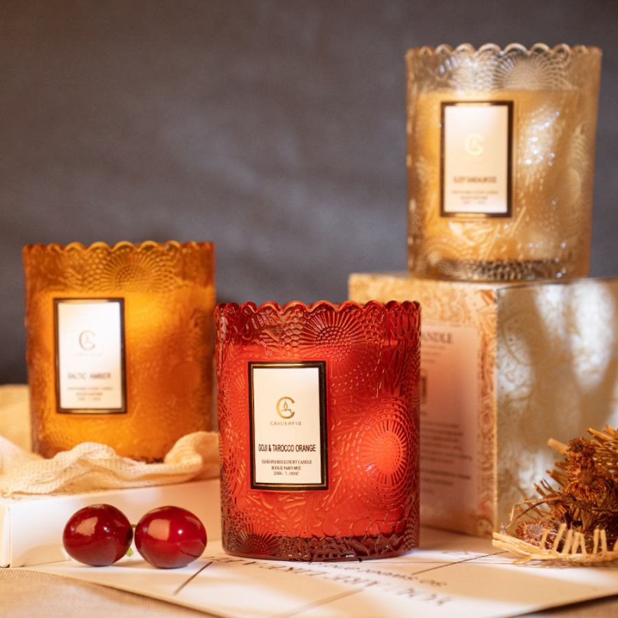 Embossed Floral Relief Scented Candle Cup Ornaments, Soy Wax Scented Candle in Decorative Gift Glass, Fragrance Candle for Home Ambience, Aromatherapy-Inspired Wholesale Décor Candle