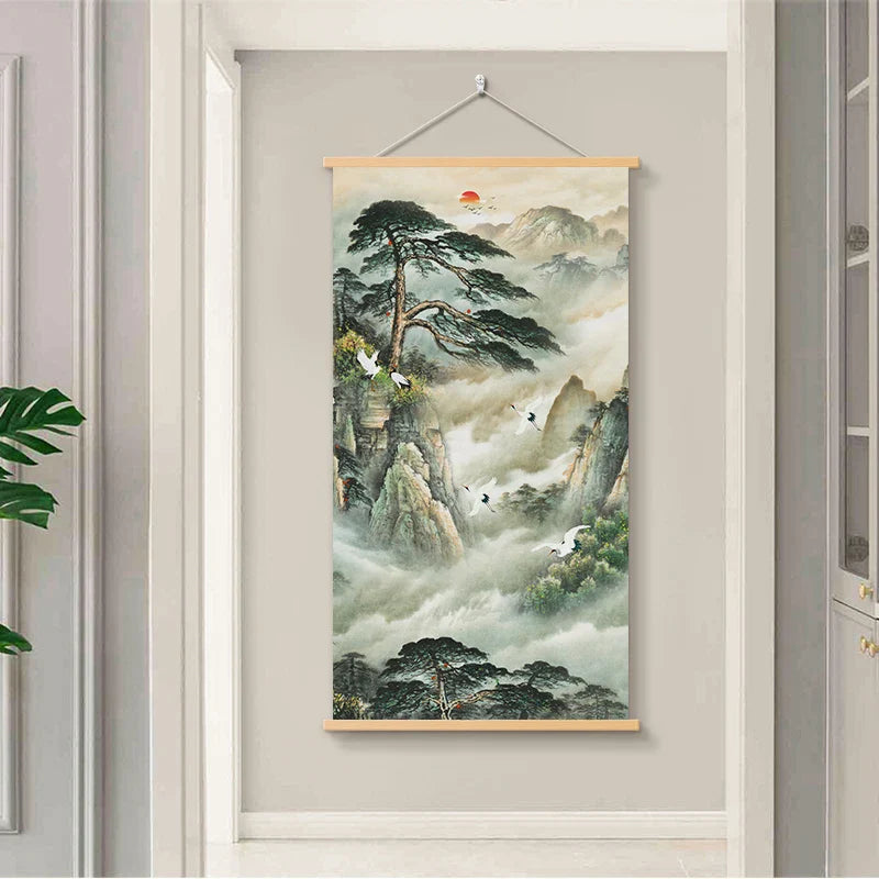 chinese style flower Green plants canvas decorative painting Store bedroom living room wall art solid wood scroll paintings