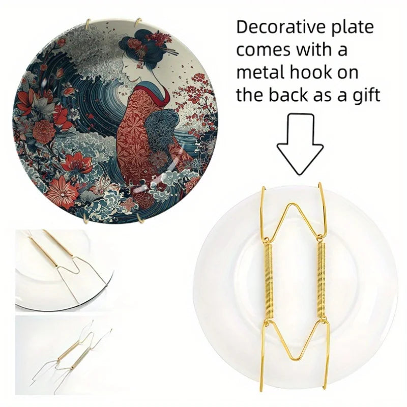 Japanese-Style Red Kimono Woman Wave Ceramic Decorative Plate, Non-Food Contact Home Decor Piece, Wall Art Hanging Plate,