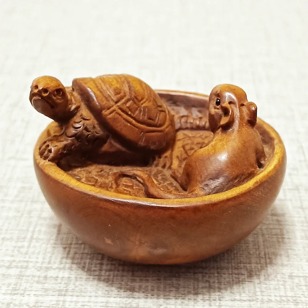2" Boxwood Mouse & Turtle Netsuke – Japanese Animal Miniature