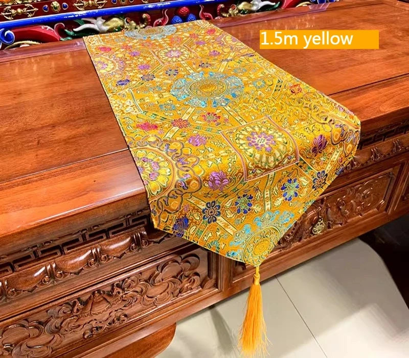 1.5m*35cm/2m*35cm Tibetan Style Satin Fabric Table Flag/Retro Rich Lotus PatternClassical Coffee Table Cloth Buddhist Decoration