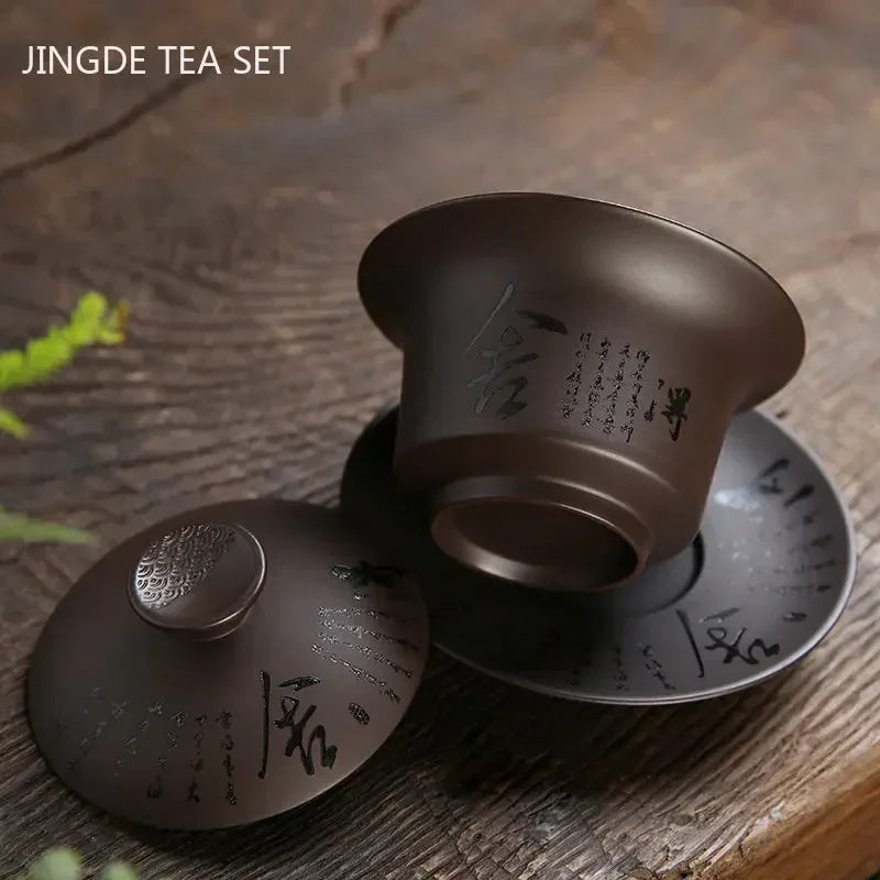 180ml Vintage Purple Clay Gaiwan – Handmade Chinese Lidded Teacup