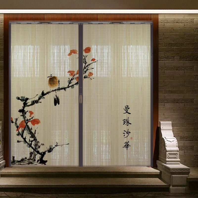Printed Bamboo Sliding Door Partition Traditional Chinese Room Divider Foldable Screen
