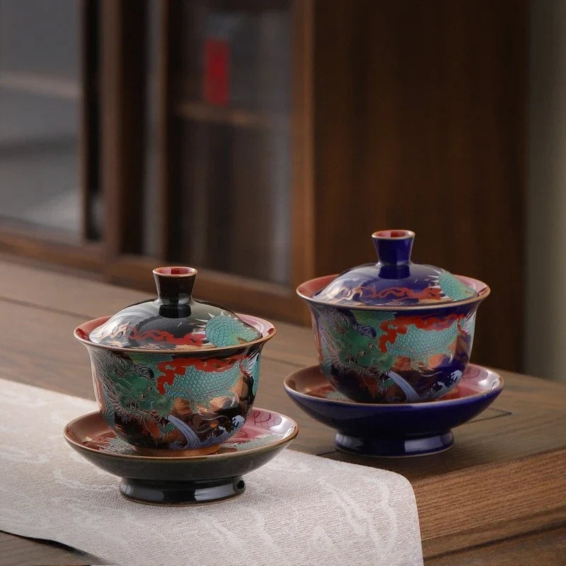 Retro Color Enamel Ceramic Gaiwan Set – Chinese Sancai Porcelain Teaware