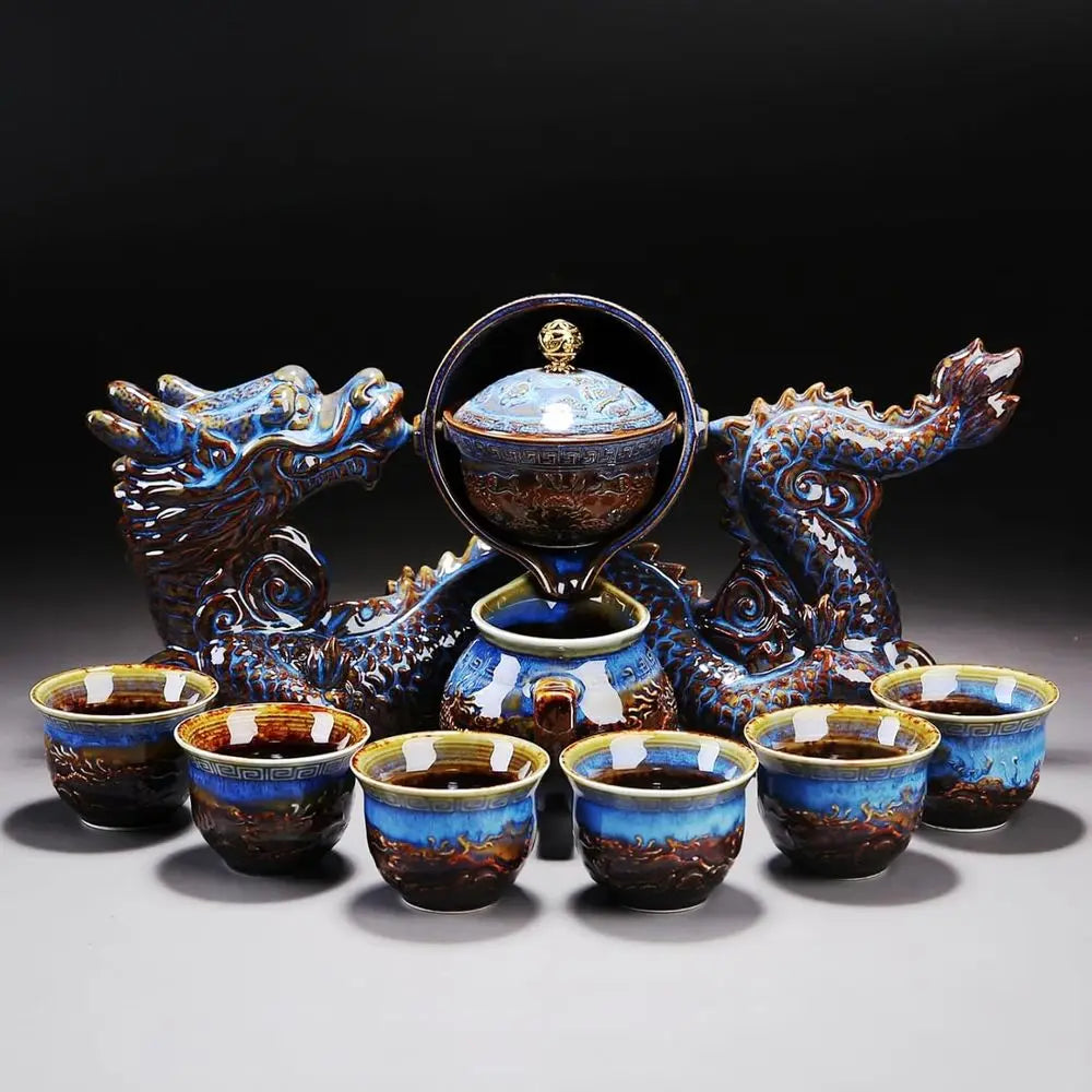 Chinese Gongfu Tea Set – 360° Rotating Teapot with Infuser & 6 Cups (Dragon Design)