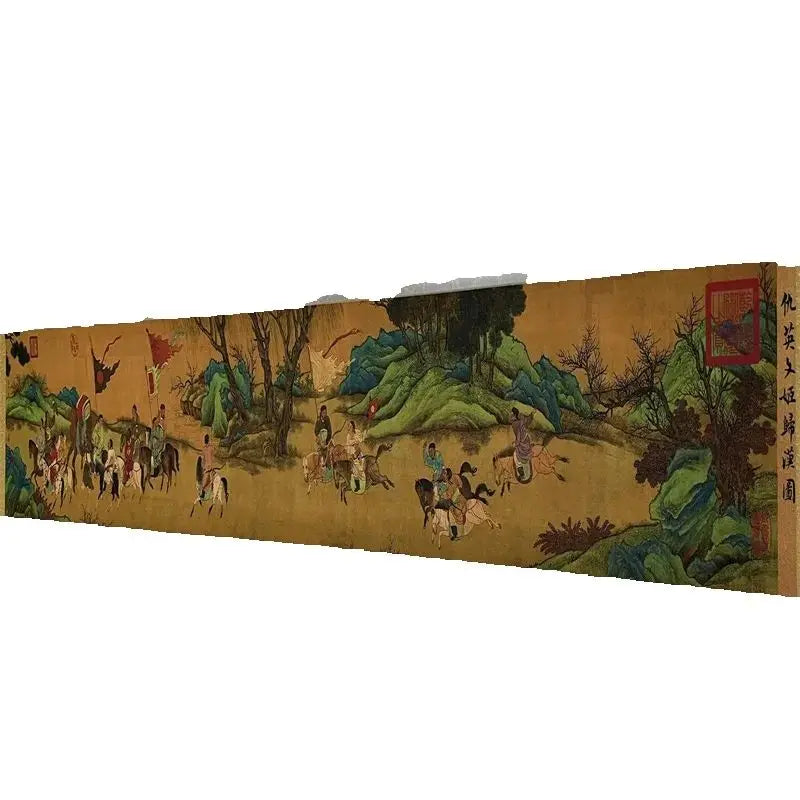 China Long Scroll Painting – Qiu Ying Watercolor “Wenji Returns to Han” (Collectible)