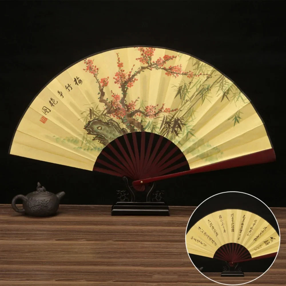 33.33CM Chinese Vintage Style Folding Fan Wooden Handle Classical Party Dance Hand Fan Men's And Women's Summer Cool Hand Fan