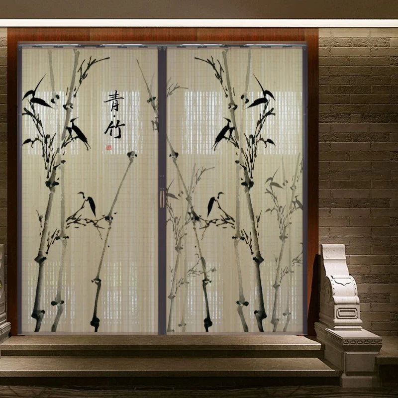 Printed Bamboo Sliding Door Partition Traditional Chinese Room Divider Foldable Screen
