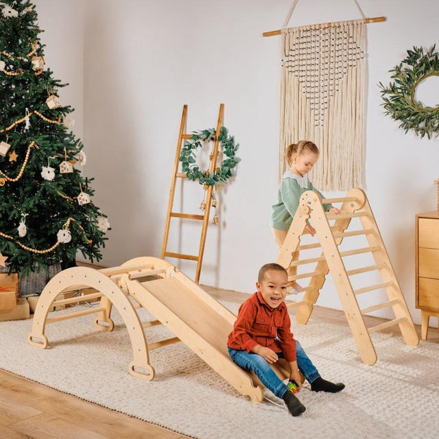4in1 Montessori Climbing Set: Triangle Ladder + Climbing Arch + Slide Board & Cushion – Beige