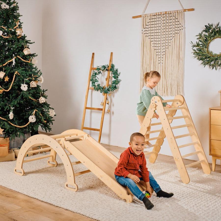 4in1 Montessori Climbing Set: Triangle Ladder + Climbing Arch + Slide Board & Cushion – Beige