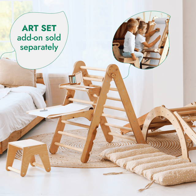 4in1 Montessori Climbing Set: Triangle Ladder + Climbing Arch + Slide Board + Net – Beige