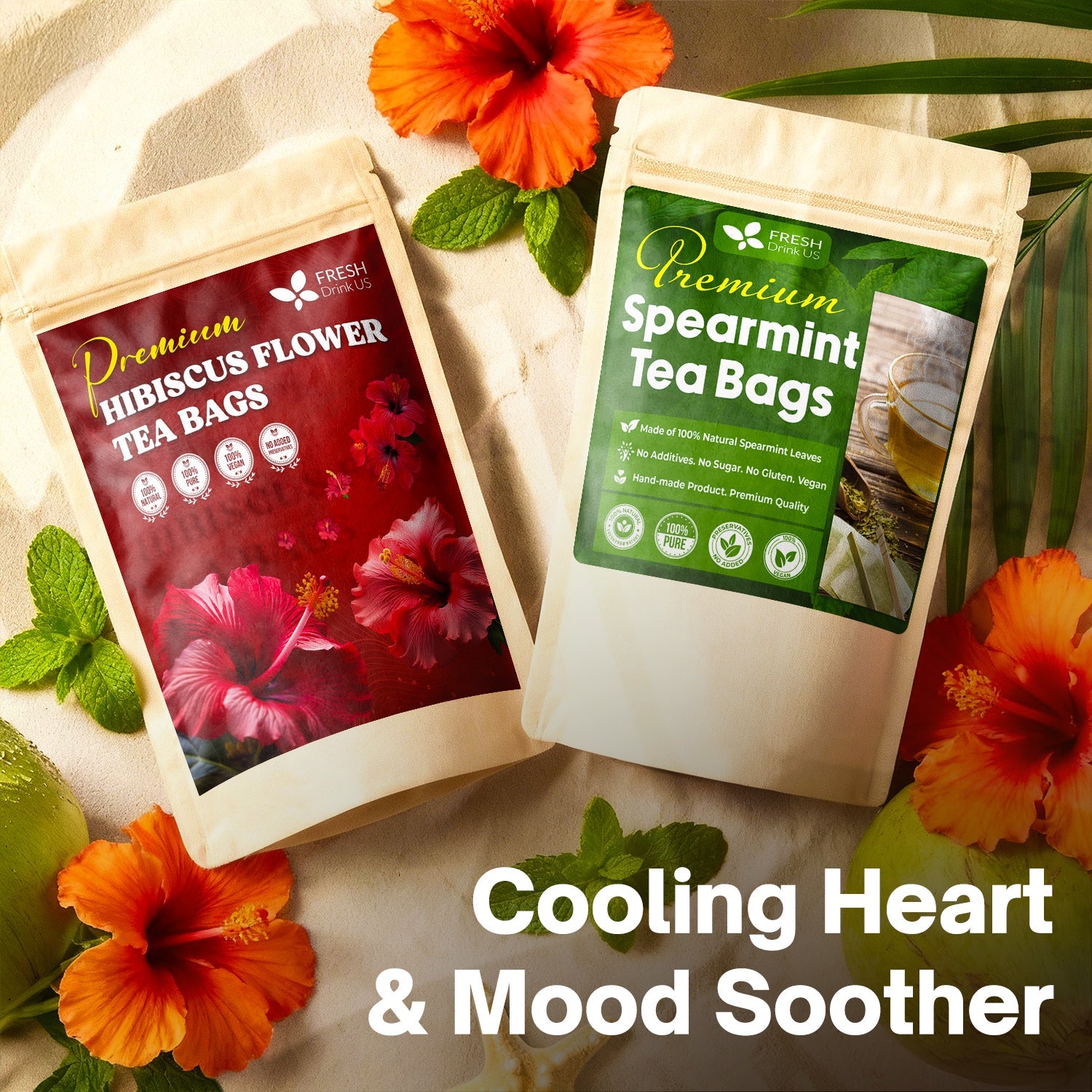 Cooling Heart & Mood Soother Duo, Hibiscus Flower & Spearmint Leaf Herbal Tea Bags, 100% Natural & Pure Flowers and Leaves, No Sugar, No Caffeine, No Gluten, Vegan – Herbal Beverage