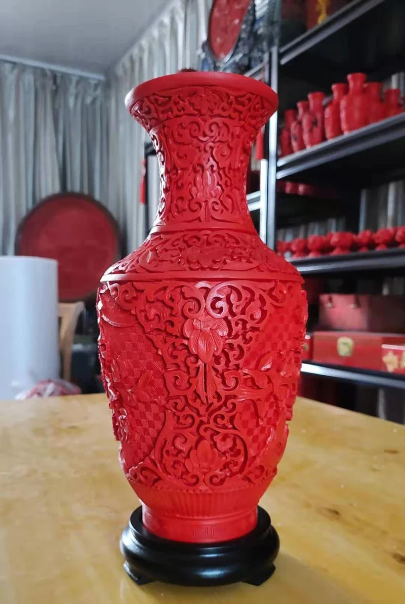 12" Exquisite Chinese Red Lacquerware Vase – Auspicious Floral Design
