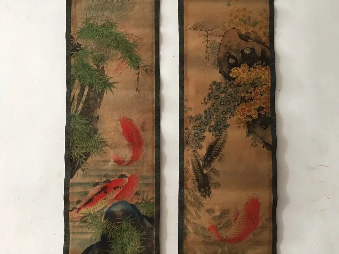 Chinese Goldfish Quadruple Scroll Painting – Four-Panel Wall Hanging