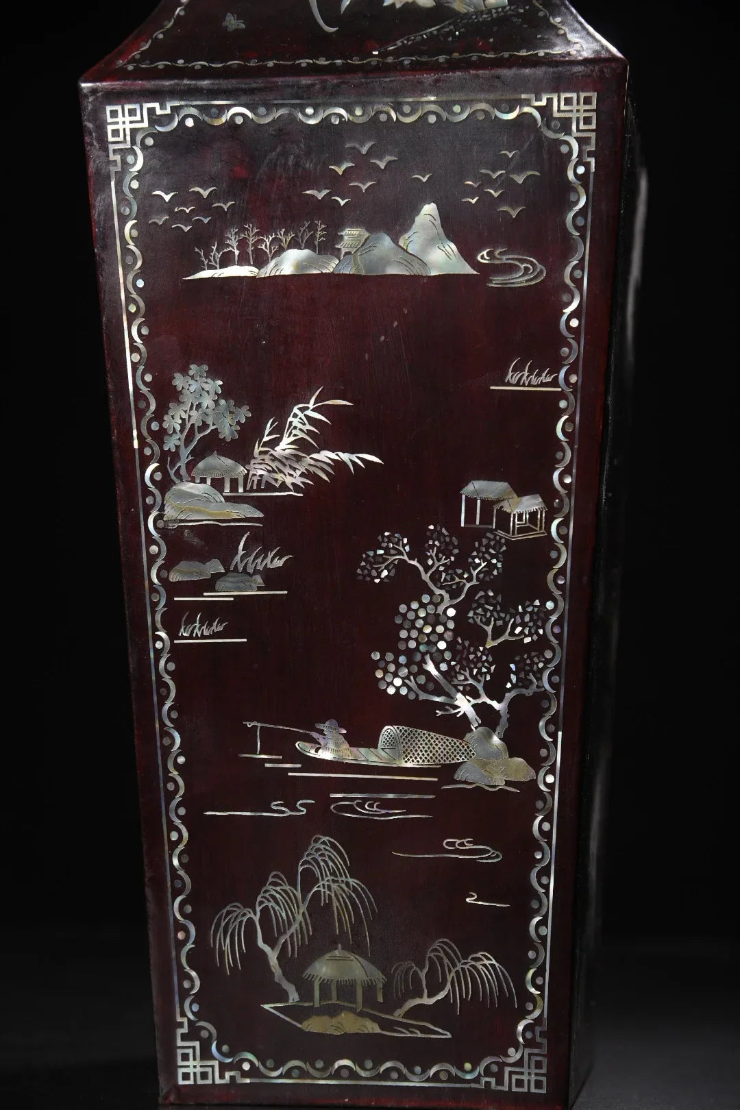 Pair of Semi-Antique Tibetan Temple Lacquerware Square Vases – Painted Landscape (35cm)