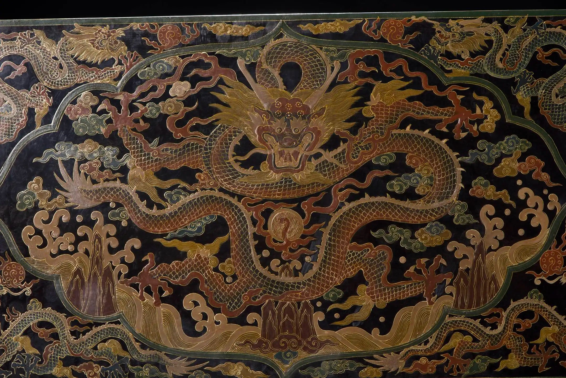 Vintage Chinese Wooden Lacquerware Altar Tea Table Outlined in Gold Dragon Design