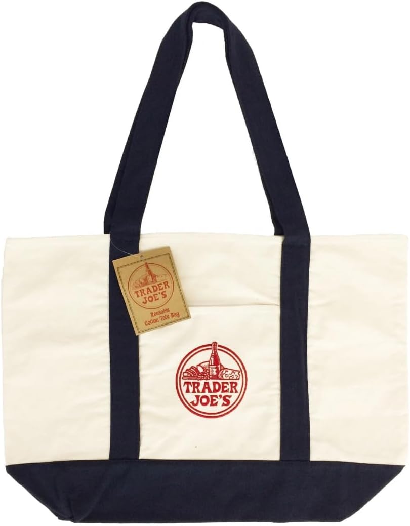 Trader Joe's Reusable Canvas Tote Bag, Navy and Beige, 15 x 14.5 x 6 .5 inches, 6 gallon capacity hevey duty bags