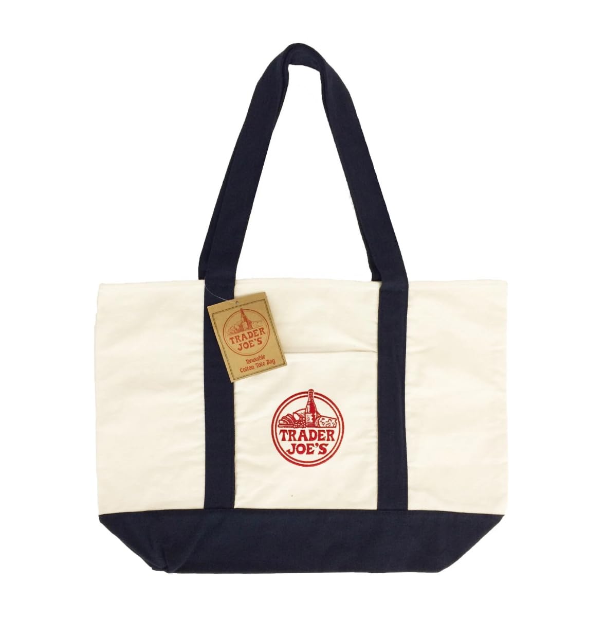 Trader Joe's Reusable Canvas Tote Bag, Navy and Beige, 15 x 14.5 x 6 .5 inches, 6 gallon capacity hevey duty bags