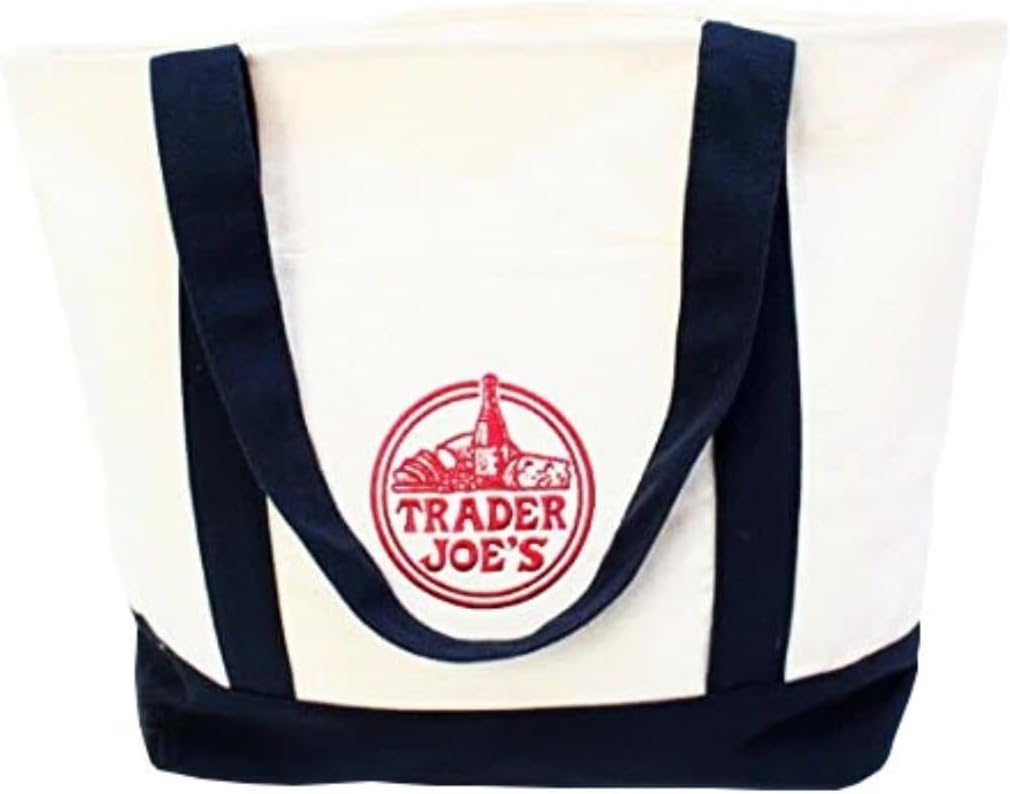 Trader Joe's Reusable Canvas Tote Bag, Navy and Beige, 15 x 14.5 x 6 .5 inches, 6 gallon capacity hevey duty bags