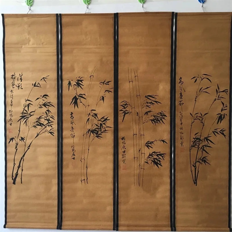 China Old Scroll Painting, Four Screen Paintings, Middle Hall Hanging Painting,Four sided mural of bamboo