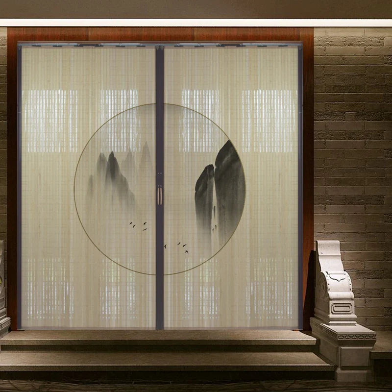 Printed Bamboo Sliding Door Partition Traditional Chinese Room Divider Foldable Screen