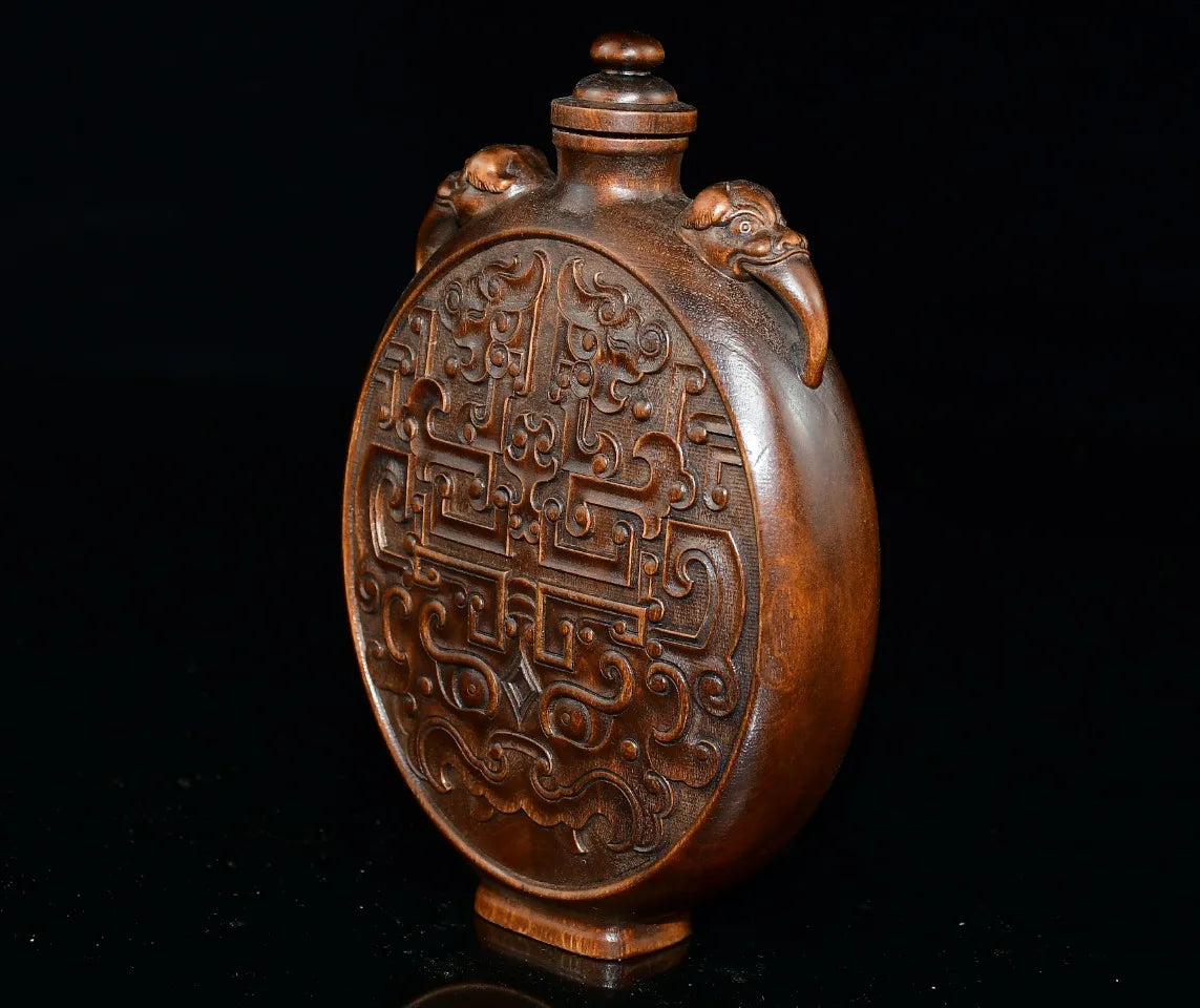 Tibetan Boxwood Flower Carved Snuff Bottle Dragon-Ear Vase
