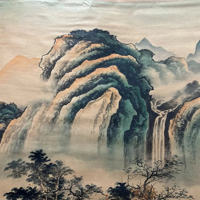 Tang Yin–Style Chinese Landscape Scroll – Ink & Color Hanging Painting
