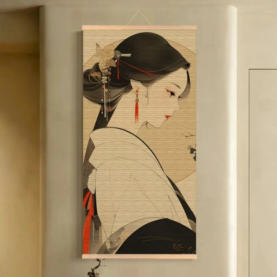 Handmade Bamboo Scroll Tapestry Wall Hanging, Classical Lady Ink Painting for Boutique Hotel Bar Living Room House Decor