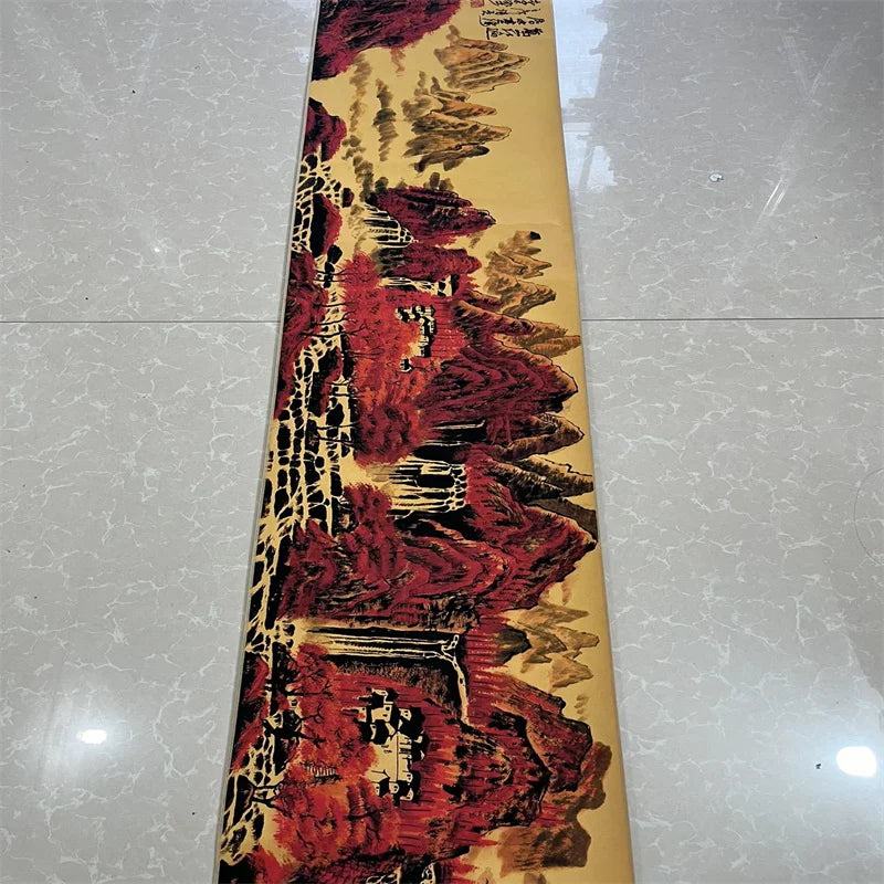 Chinese Red Mountains Long Scroll – Li Keran–Inspired Landscape on Old Scroll Paper