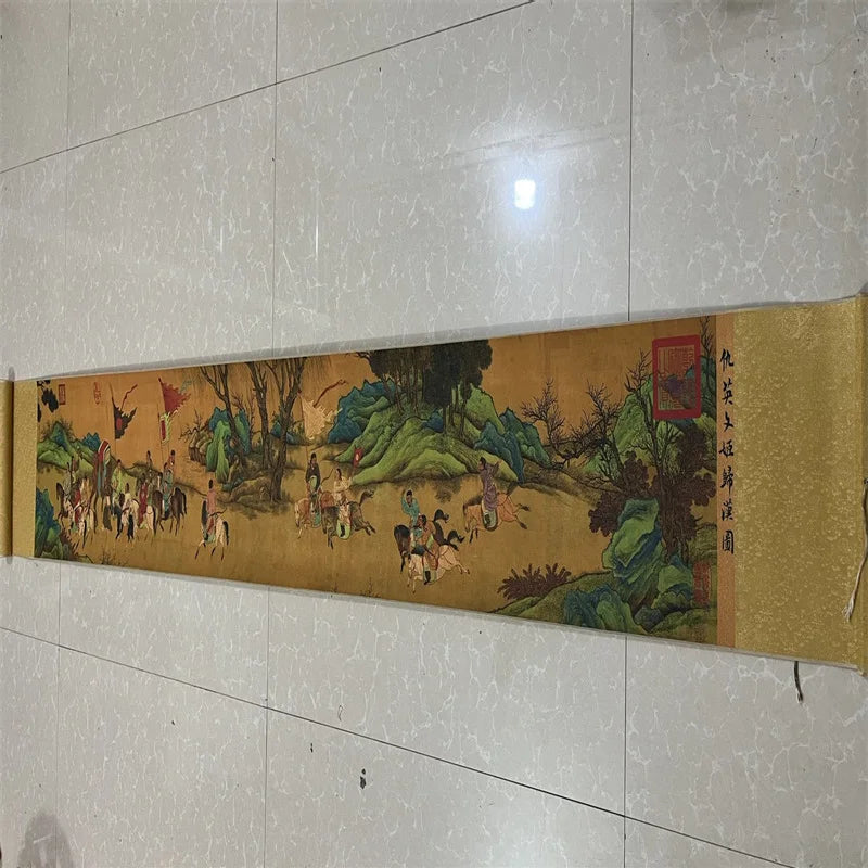China Long Scroll Painting – Qiu Ying Watercolor “Wenji Returns to Han” (Collectible)