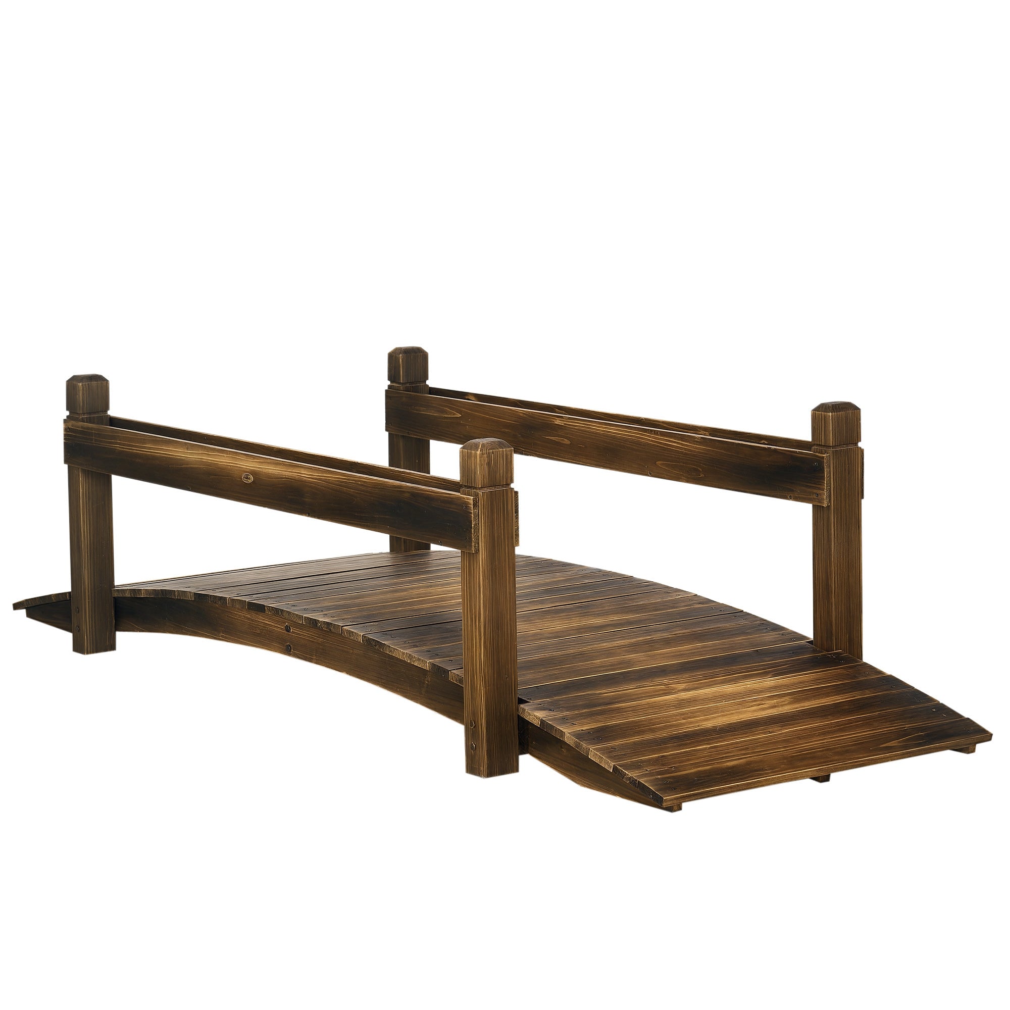 7.5 Wooden Garden Bridge with Planters, Stained Finish Arc Footbridge with Safety Railings for Backyard, Pond Stream, Stained Wood