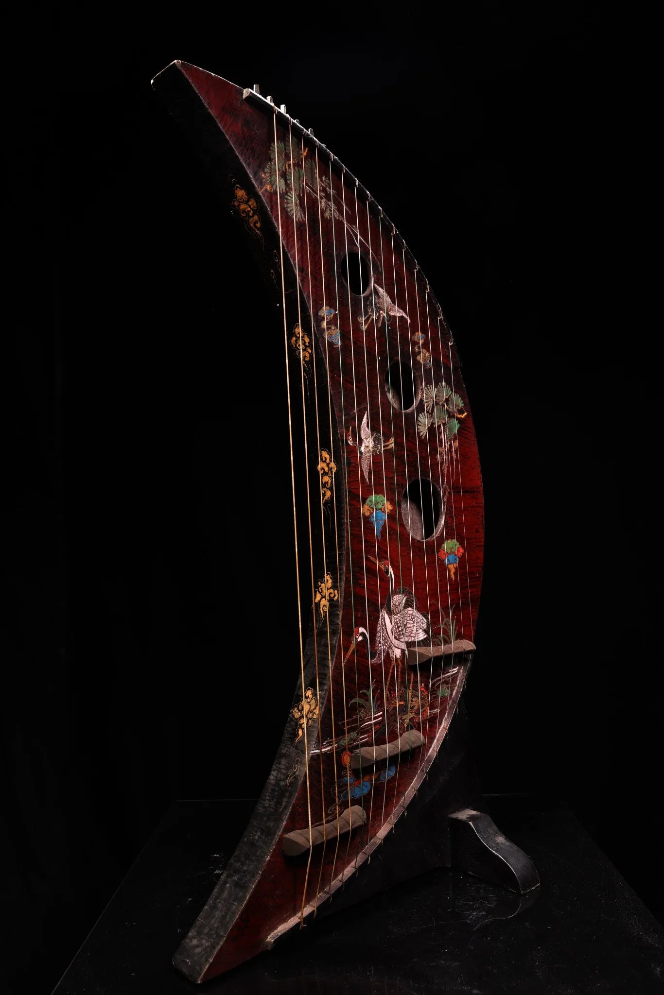 35" Nepalese Crescent Moon Guqin – Vintage Wooden-Bodied Lacquerware with Crane Motif