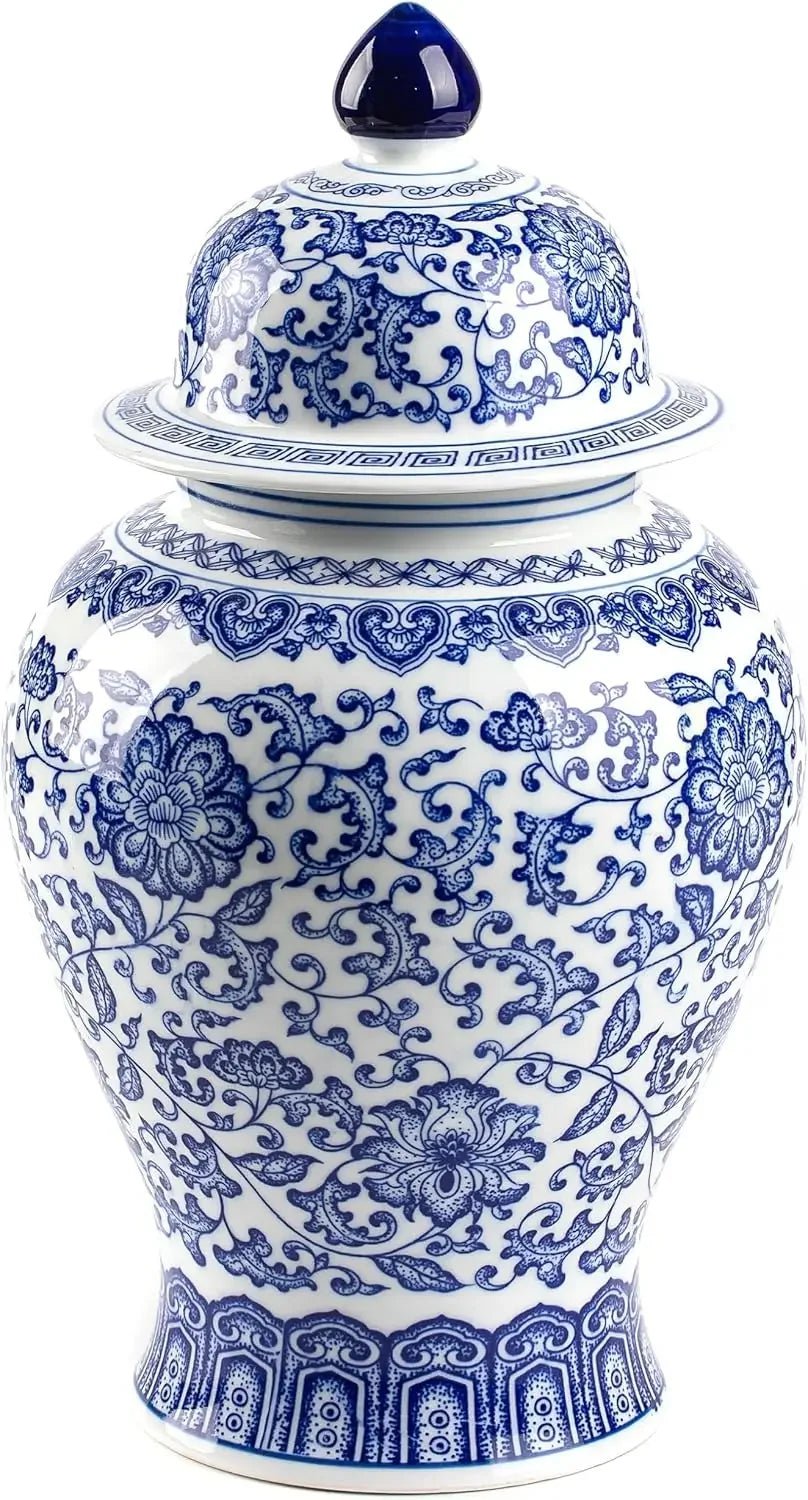 15-Inch-High Gloss Ceramic Blue White Ginger Jar Chinoiserie Decor