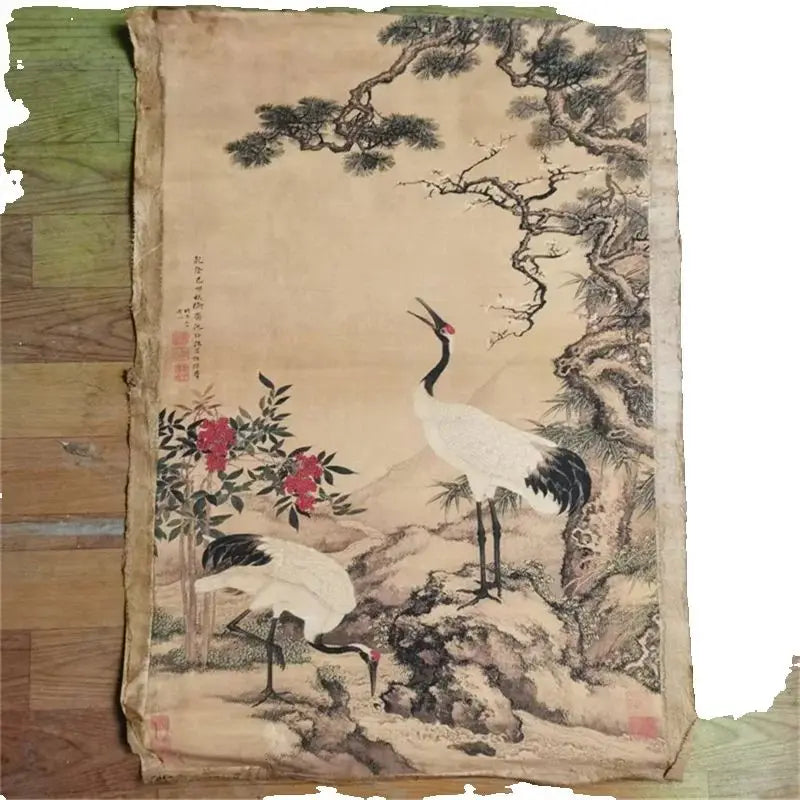 China Old Scroll Painter's Rice Paper Wall Art Slice Shen Quan's Song Mei Double Crane Picture Traditional Asian Decor