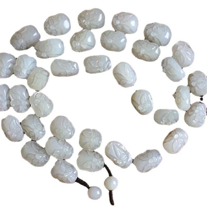 Hetian Eighteen Arhats Green and White Jade Bead Necklace