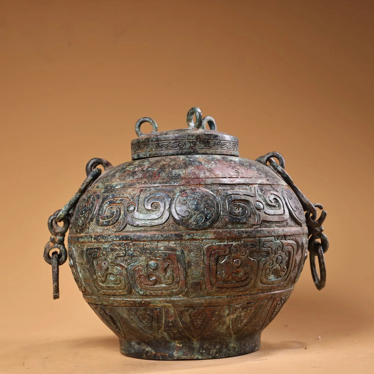 Tibetan Temple Bronze Beam-Handled Jar – Verdigris & Cinnabar Beast-Head Pot (7")