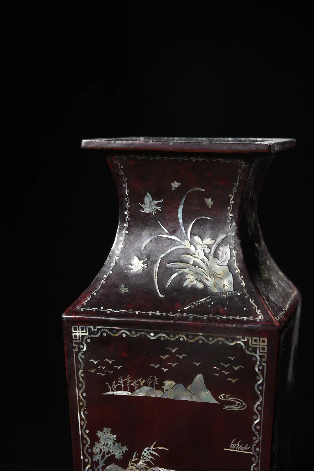 Pair of Semi-Antique Tibetan Temple Lacquerware Square Vases – Painted Landscape (35cm)