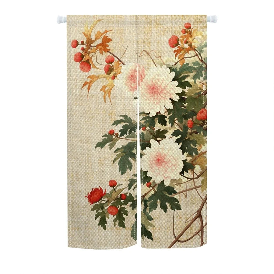 Japanese Ukiyo-e Floral Noren Door Curtain – Linen Blend Room Divider