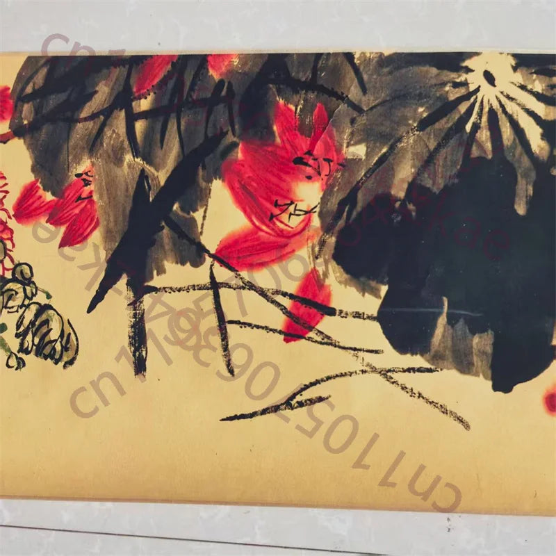 Old Chinese Long Scroll – Qi Baishi Inspired Watercolor “Competition of Flowers”